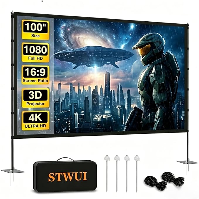 STWUI Projector Screen with Stand - 100 Inch Outdoor Projector Screen Portable Projector Screens 16:9 4K HD Outdoor Movie Screen with Carry Bag Can Enjoy Home Theater Projection Screen
