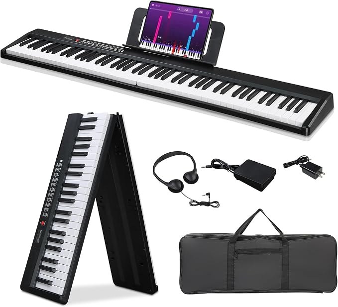 Ktaxon 88 Key Foldable Electronic Keyboard Piano, Semi-Weighted Electric Piano Digital Piano with Dual Bluetooth Mode, 1000 Rhythms, 1000 Tones and 50 Demos for Beginners Adults(Black)