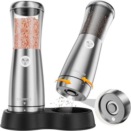 Electric Salt and Pepper Grinder Set - Automatic Stainless Steel Rechargeable Salt and Pepper Grinder Set with Storage Base, Large Capacity, LED Light & Adjustable Coarseness, Ideal Kitchen Gadget