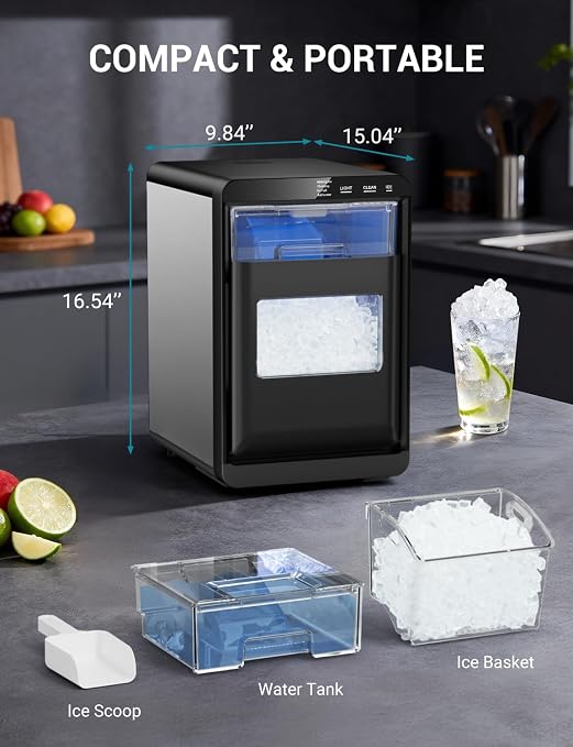 44 lbs Nugget Ice Maker Countertop,Pebble Ice Machine, 5-10 Mins Fast Ice Making, Self-Cleaning, Portable for Home, Outdoor, Camping, Hospital, RV (44lbs)