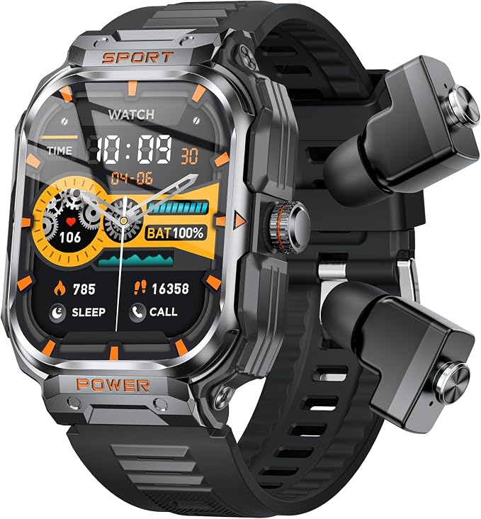 Military Smart Watch with Earbuds for Men and Women,2'' Tactical Display,Sport Modes,Fitness Tracker,Heart Rate,Answer/Make Call, Sleep Monitor, SmartWatch Built-in Headphone Combo,iOS & Android