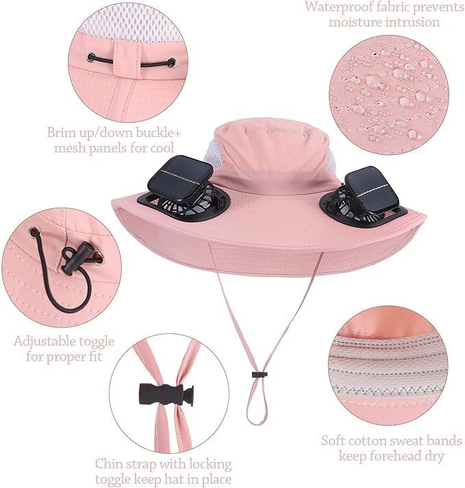Outdoor Solar Powered Fan Hat for Men Women Breathable Wide Brim Hat with 2 Fans UPF 50+ Fishing Hat Beach Bucket Sun Hat