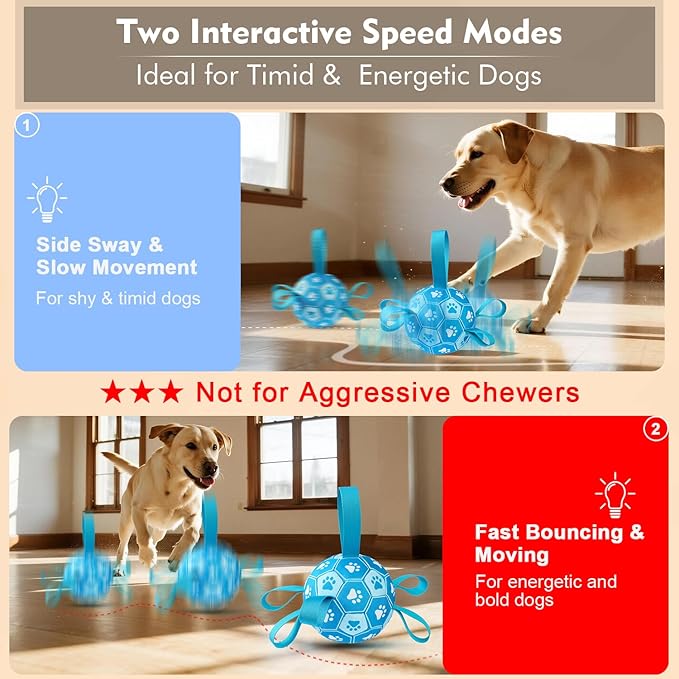 Interactive Dog Toys Dog Soccer Ball to Keep Them Busy,Durable Automatic Moving Jumping Dog Balls with Straps for Small/Medium/Large Dogs, USB Rechargeable,Not for Aggressive Chewers (Blue)