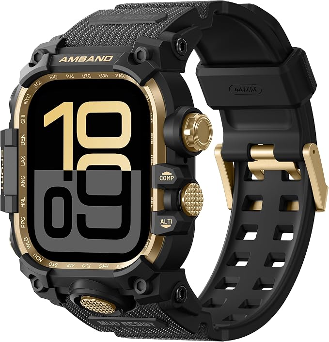 amBand Rugged Case with Band for Apple Watch 44mm, Compatible with iWatch Series SE 3/SE 2nd Generation/SE/6/5/4, Military Grade Shockproof Bumper Cover, Tactical Band for Men, Black Gold