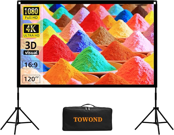 Projector Screen with Stand, Towond 120 inch Outdoor Movie Screen 16:9 HD Front Rear Portable Projection Screen with Carry Bag Wrinkle-Free and Foldable Design for Soccer Match Viewing Parties