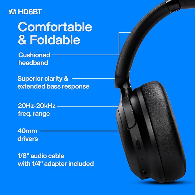 PreSonus Eris HD6BT — Over-Ear Closed-Back Wireless Headphones, Bluetooth, ANC Noise Cancelling, Up to 60 Hours Battery Life, Studio Headphones for Mixing, Monitoring, Recording, Eclipse Black