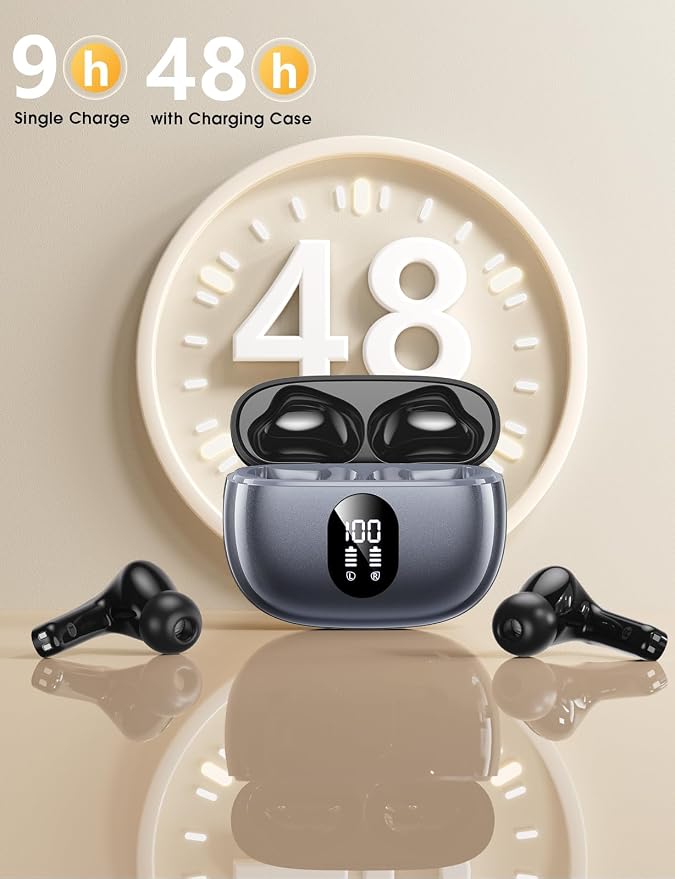 Wireless Earbuds Bluetooth 5.3 Ear Buds, Hi-Fi Stereo Bass Ear Buds with 48H Playtime & LED Display, Lightweight in-Ear Headphones with Mic, IPX7 Waterproof, Touch Control for iPhone SilverPurple