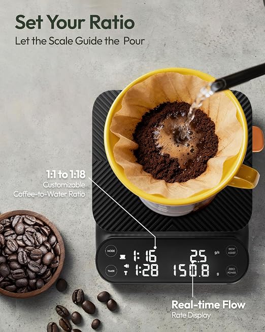Maestri House S3 Coffee Scale with Timer, 3kg/0.1g Rechargeable Pour Over Coffee Scale, 3 Brew Modes, Adjustable Brew Ratios & Flow Rate Display, Scale for Pour Over, Espresso & French Press-Black