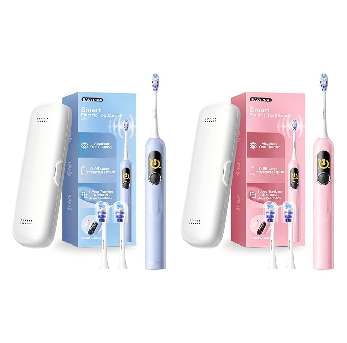SAKYPRORAL AI Electric Toothbrush with Smart Display | 150-Day Rechargeable Toothbrush, Real-Time Map (G5S Pink and Blue Set)