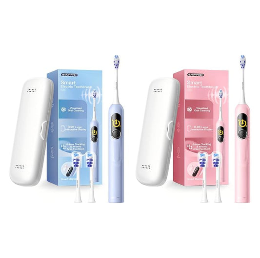 SAKYPRORAL AI Electric Toothbrush with Smart Display | 150-Day Rechargeable Toothbrush, Real-Time Map (G5S Pink and Blue Set)