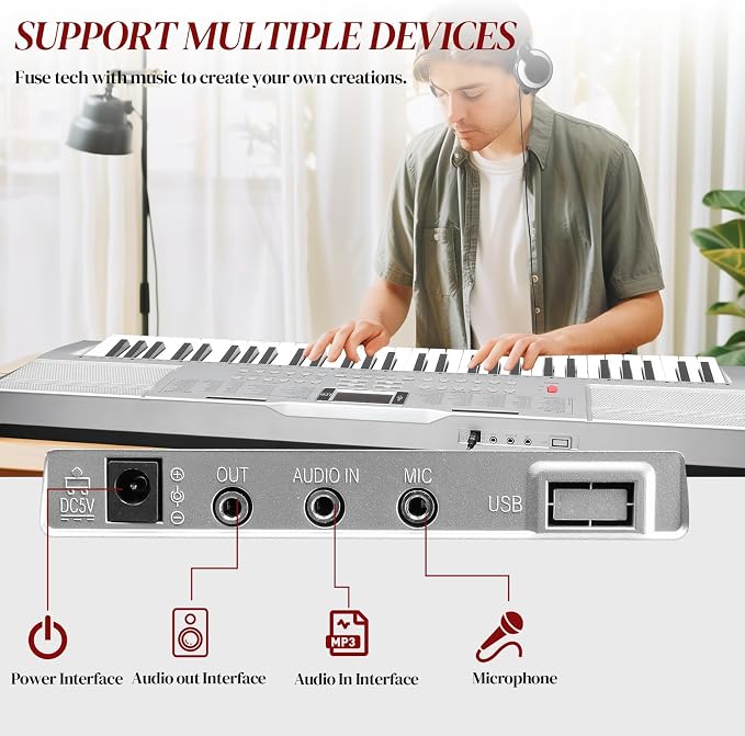 Ktaxon 61 Key Keyboard Piano Electric Keyboard w/Lighted Keys, Electric Piano Set with Headphones, Microphone, Music Rest, Power Adapter, Stand, Piano Bench and Manual (Full-Sliver)