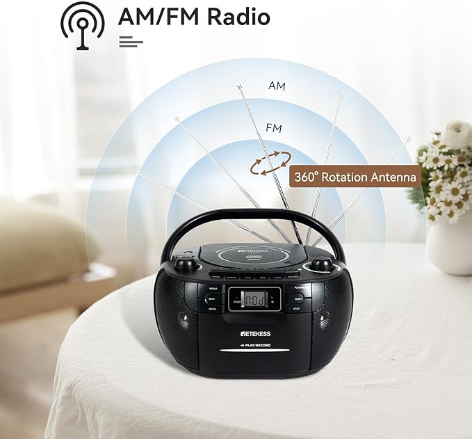 Retekess TR621 CD Player Boombox, Cassette Tape Player AM FM Radio, Stereo Sound, USB and TF Card Playback with Remote Control, Tape Recording, for Home(Black)