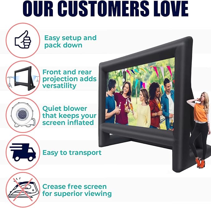 GYUEM 22 feet Projector Screen - Inflatable Outdoor and Indoor Theater Movie Screens - Includes Rope, Blower,Tent Stakes - Great for Outdoor Party Backyard Pool Fun