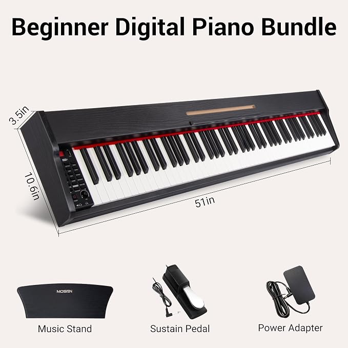 MOSEN Piano Keyboard 88 Keys, Beginner Digital Piano with 88 Key Velocity-Sensitive Keyboard Full Size, Record, Chord, Piano Stickers, Sustain Pedal, Retro Wood Finish Black