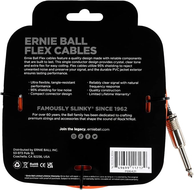 Ernie Ball Flex Instrument Cable Straight/Straight 20ft - Orange