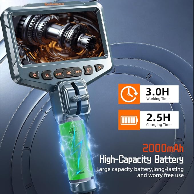 Daxiongmao 2-Way Articulating Borescope, 4.5" IPS 1080P HD Endoscope with LED Lights, IP67 Waterproof Snake Inspection Camera, 5FT Probe for Auto Engine, HVAC Duct, Plumbing Pipe Wall Inspection