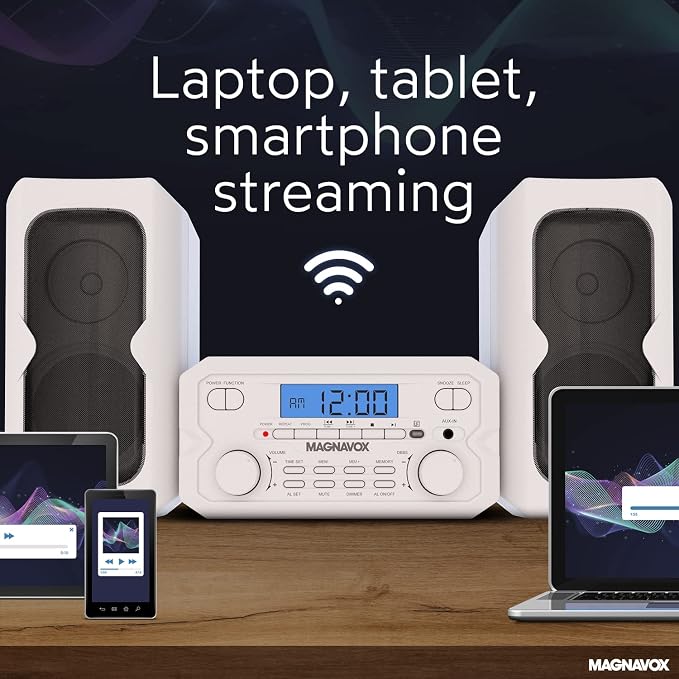 Magnavox 3-Piece Compact CD Shelf System with Digital FM Stereo Radio, Bluetooth Wireless Technology, and Remote Control in Silver | LCD Display | AUX Port Compatible