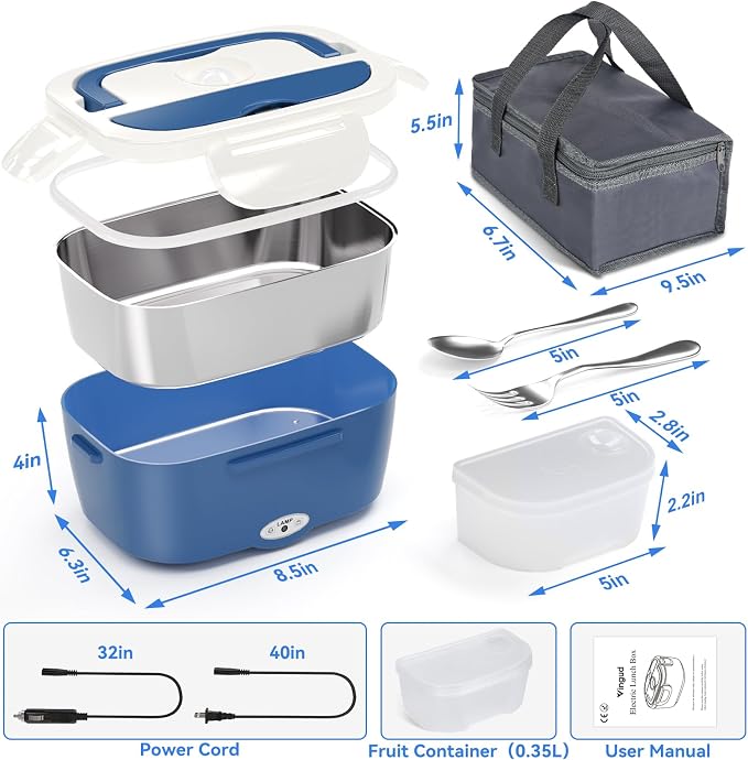 Vingud Electric Lunch Box for Adults, Heated Lunch Box Food Warmer, 80W Portable Heating Lunchbox for Men/Car/Truck with 1.5L Stainless Steel Container, 12V/24V/110V Lonchera Eléctrica Portátil Gift