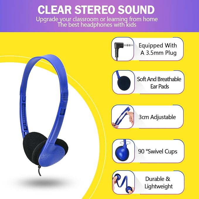 Classroom Headphones Bulk 25 Pack Class Set for School Students Kids and Adult -Sturdy Wired 3.5mm Plug (Mixed, 25 Pack)