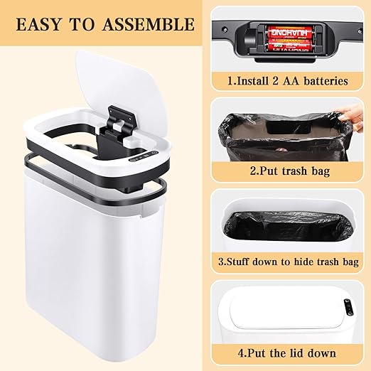 VZZNN 2 Pack Bathroom Trash Can with Lid 5Gal + 2.6Gal Bathroom Trash can - Touchless Smart Motion Sensor Trash can for Office, rv, Bedroom, Living Room, （White ）