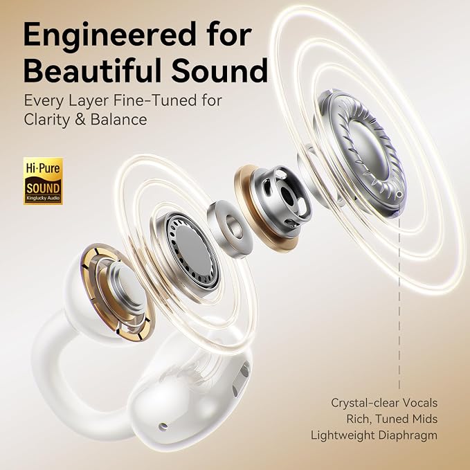 Kinglucky Jewelry-Inspired Clip-On Earbuds with Butterfly Earrings, Comfortable Fit & 40H Playtime Open Ear Bluetooth 5.4 Wireless Headphones for Women, Small Ears, Sports & Workouts (White)