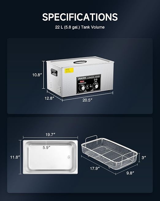 CREWORKS 22L Ultrasonic Cleaner with Heater and Timer, 480W Stainless Steel Ultrasonic Cleaner Machine with Degas & Gentle Modes, Ultrasonic Parts Cleaner with Knob Control for Machine Part Auto Tool