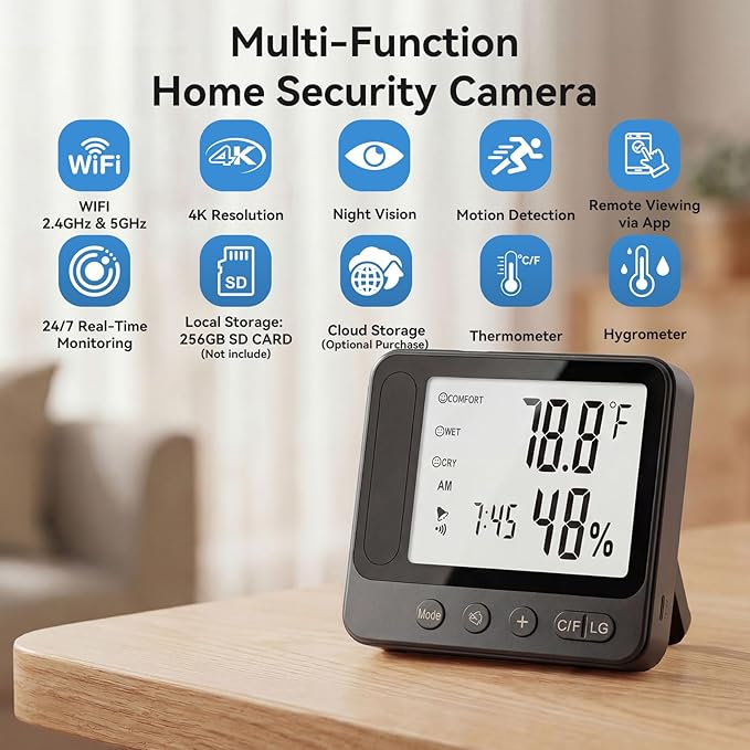 Hidden Camera Thermometer Hygrometer, 4K Discreet Nanny Camera - WiFi Remote View, Night Vision, Motion Detection,3-in-1 Wireless Spy Camera for Home/Office/Pet (Black)