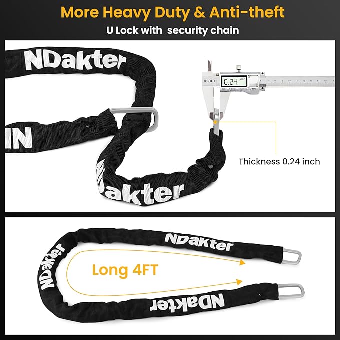 NDakter Bike Locks, 17mm Heavy Duty Anti Theft, Bike U Lock with 4FT Chain and Bracket, Electric Bicycle Lock for Scooter, 3 Keys Motorcycle Wheel Lock for Ebike, Moped, Tricycle