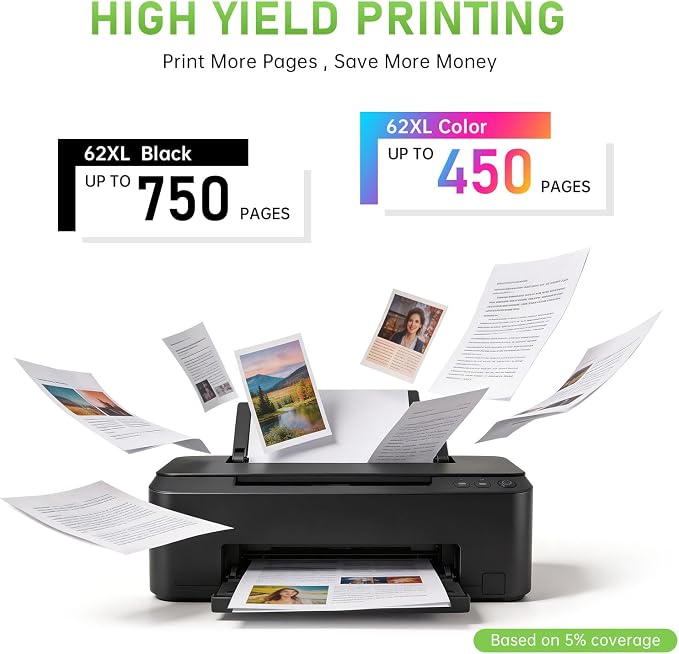 62 Ink Cartridge 62XL Black and Tri-Color Combo Pack, Compatible with HP62 HP62XL Printers, Envy 7640 5540 5660 7645 OfficeJet 5740 200 250 8040 (1 Black, 1 Tri-Color)