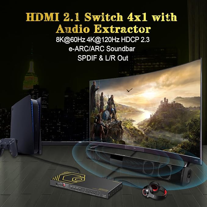 8K@60Hz 4K@120Hz HDMI2.1 Switch 4 in 1 Out with eARC,ARC Audio Extractor,7.1Ch,SPDIF 5.1Ch,48Gbps,HDCP2.3 Bypass,VRR,IR,3D,HDR 10,Dolby Atmos,Compatible with QLED TV,PS5,Xbox,Sonos Soundbar,Apple TV