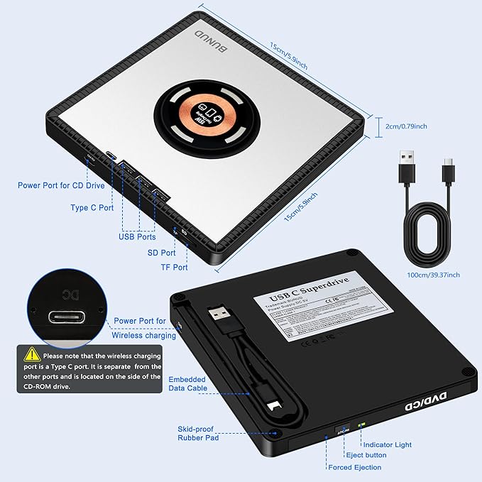 BUNUD External CD/DVD Drive for PC: DVD Burner with 15W Fast Wireless Charger for AirPods 4 3 2 Pro - External DVD Player for Laptop Mac Apple Windows with SD/TF/3 USB Ports