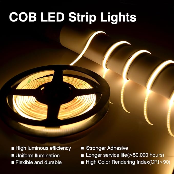 Pandery COB LED Strip Lights Warm White,24V Dimmable led Light Strip KIT with Remote and app Control,3000K 65FT/20m 8mm Wide Ra>90 Cuttable Flexible Strip Lights for Bedroom,Shelf,Cabinet