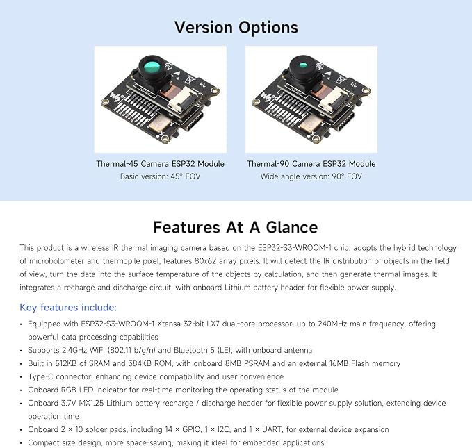 Waveshare ESP32-S3 IR Thermal Imaging Camera Module, Type-C Port, 80×62 Pixels, 90 ° Field of View Angle