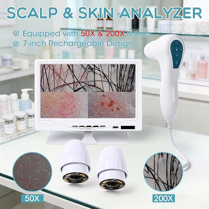 7 Inch Scalp & Skin Analysis Microscope, 50X/200X Dual Lens HD Camera with 4-Split View & 16GB USB, Portable Scalp Camera for Personal Hair Care, Home Use and Mobile Salon Services