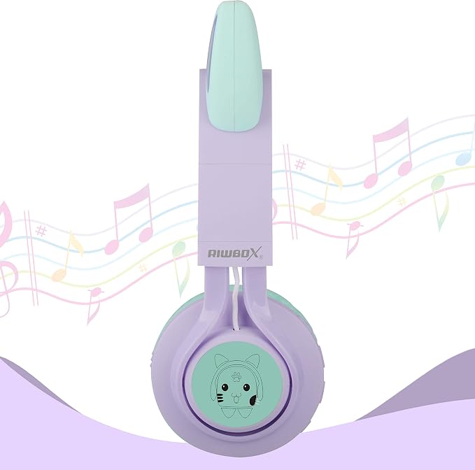 Riwbox Kids Wireless Headphones, CT-7S Cat Ear Bluetooth, 85dB Volume Limiting, LED Light Up Over Ear with Microphone for Laptop/PC/TV (Purple&Green)