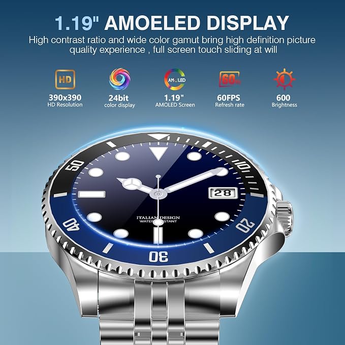 GPT Smart Watch for Men, 24/7 Heart Rate, Blood Pressure, Blood Oxygen, Sleep Monitor, 107 Sports Modes, 1.19-inch AMOLED Display, Waterproof Round Watch, Compatible Android and iOS, 44mm Silver Blue