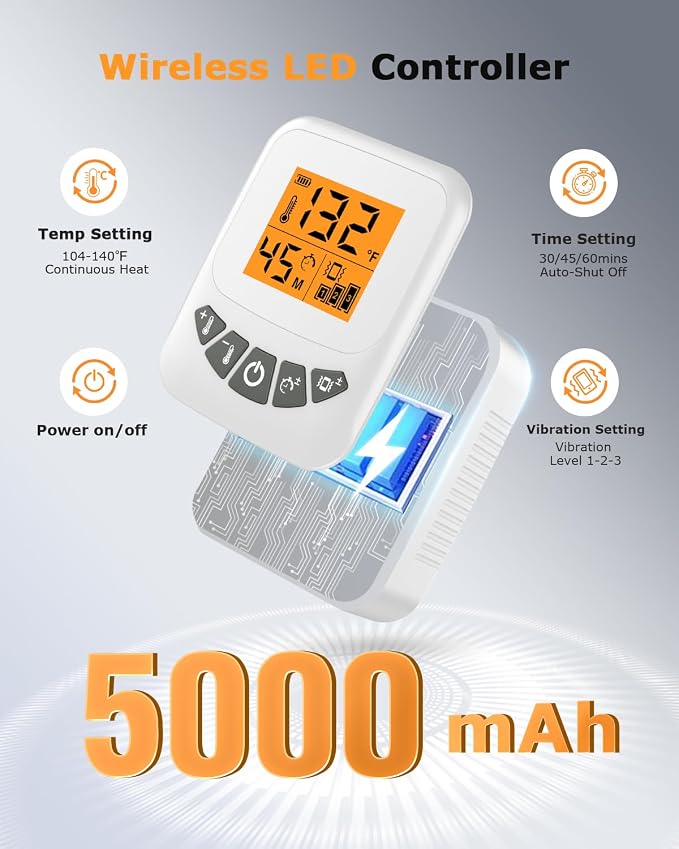 Rechargeable Heated Neck Pillow with Massage, 5000mAh Cordless Neck Heating Pad for Neck Pain, 3-Level Vibration Massage, 104-140℉ Adjustable Temp, 30/45/60Mins Timer, Type-C Cable & Storage Bag