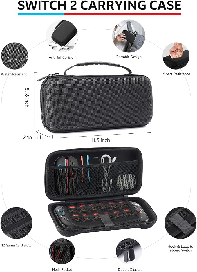 Pro Controller Accessories Bundle for Nintendo Switch 2, 17-in-1: Carrying Case, Screen Protector, Thumb Grip for Joycon, Dockable Console Protective Cover Shell, Steering Wheel, 2025 Switch2 Game Kit