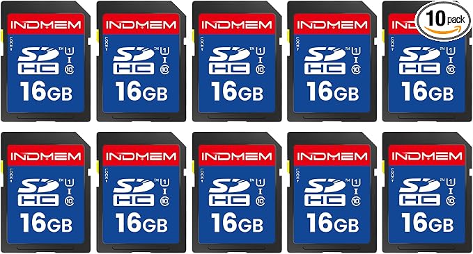 INDMEM SD Card 16GB, 10-Pack UHS-I Class 10 MLC Flash Memory Card, High-Speed Secure Digital Cards for Cameras, DSLR, Action Cams - Reliable Storage