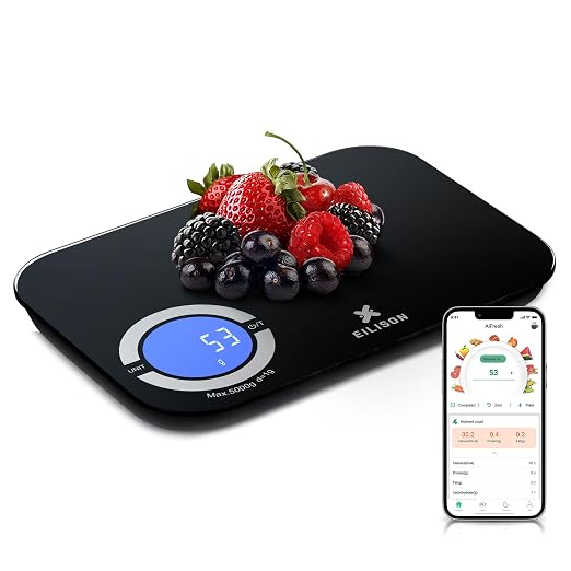 EILISON Smart Kitchen Scale with Nutrition Calculator, Digital Food Scale, Large TFT Color Display, Bluetooth App for 999+ Foods, Calorie Counter & 24 Nutrients Analyzer, 5000g Cap (Black)