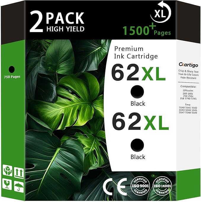 62XL High Yield Ink Cartridges Combo Pack (2-Black) Compatible for HP 62XL 62 Replacement for HP Envy 5540 5640 5660 7644 OfficeJet 5740 5741 8040 200 250 Series Printers