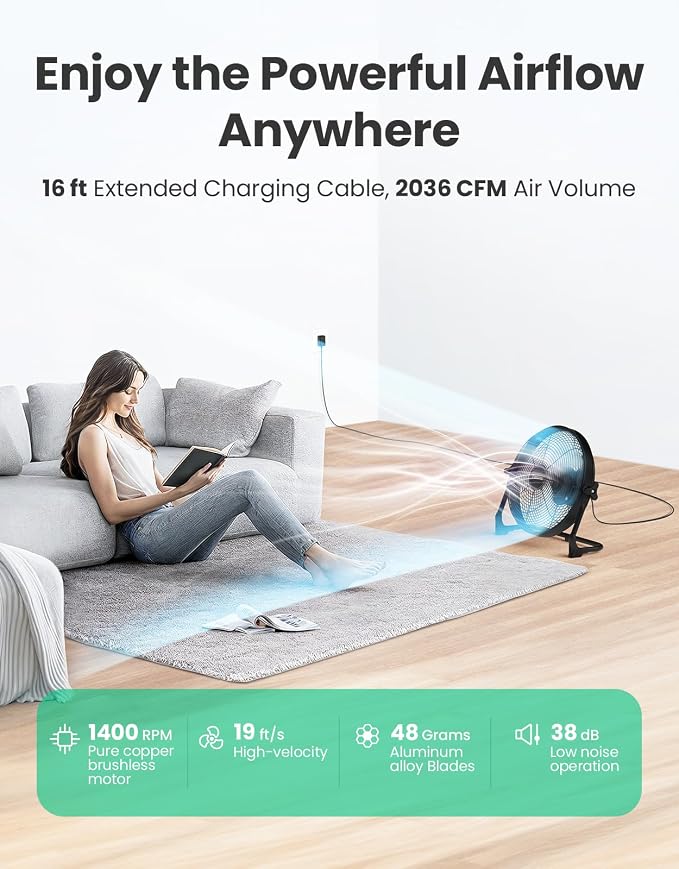 14" Portable Battery Operated Solar Fan, Rechargeable Floor Fan, Hi-Velocity Cordless Camping Fan, USB Phone Charge, 12-60H Runtime, Quiet, Wireless, For Travel Shed Outdoor Home Garage Tent Car Barn