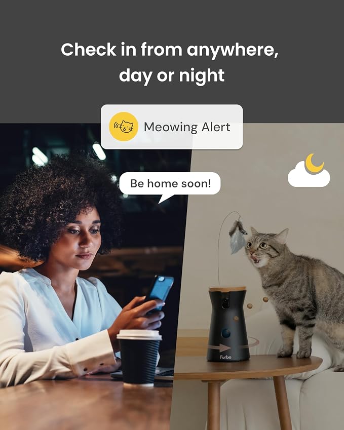 Furbo 360° Cat Camera: Basic See, Talk & Toss Features, No AI Alerts, No Subscription Required, Pet Security Cam w/Meowing Alerts, Rotating View, Treat Toss, 2-Way Audio, Smart Home Kitty Monitoring