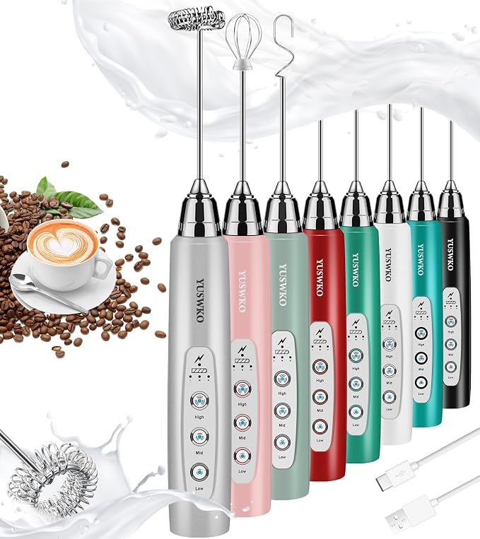 YUSWKO Milk Frother Handheld with 3 Heads, Electric Whisk Drink Foam Mixer with USB Rechargeable 3 Speeds, Mini Frother for Coffee Latte, Cappuccino, Hot Chocolate, Egg