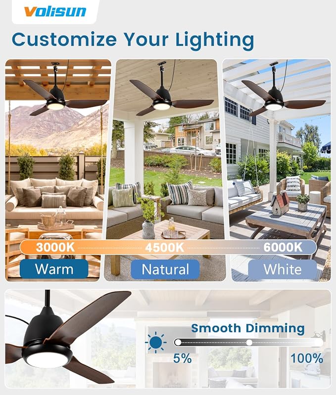 VOLISUN Outdoor Ceiling Fans with Light for Patios, 42in Weatherproof Plug in Ceiling Fan, 3CCT Dimmable Gazebo Ceiling Fan Remote&APP Control, Brown Caged Ceiling Fan for Porch, Pergola,Canopy