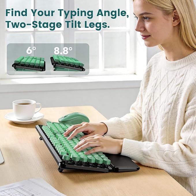 Wireless Keyboard and Mouse Combo with Magnetic Wrist Rest, Round Keycaps, Full-Size Retro Typewriter-Style Keyboard, Tilt Legs, Auto-Sleep, 2.4GHz Wireless for Windows PC Laptop, Forest Green & Black