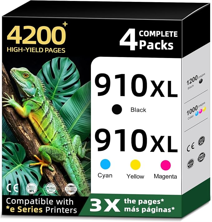 910XL Ink Cartridges Combo Pack Replacement for HP 910 XL HP910 HP910XL Use for HP Officejet Pro 8015e 8025e 8028e 8010 8025 8020 8020e 8022e 8035 8035e printer Black Color Cyan Magenta Yellow(4-Pack)