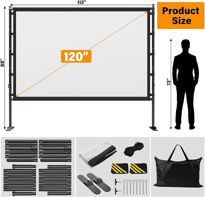 Outdoor Projector Screen with Stand 120 Inch, 16:9 Portable 4K HD Indoor Movie Screen, Large Double-Sided Washable Screen with Carry Bag, Sandbags for Backyard, Camping, Home Theater