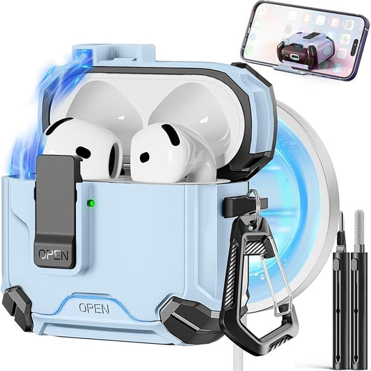 Pohgelan Compatible with AirPods 4 Case,Magnetic Automatic Lock with Phone Stand & Cleaning Kit,Compatible with Magsafe Cover -Sky Blue