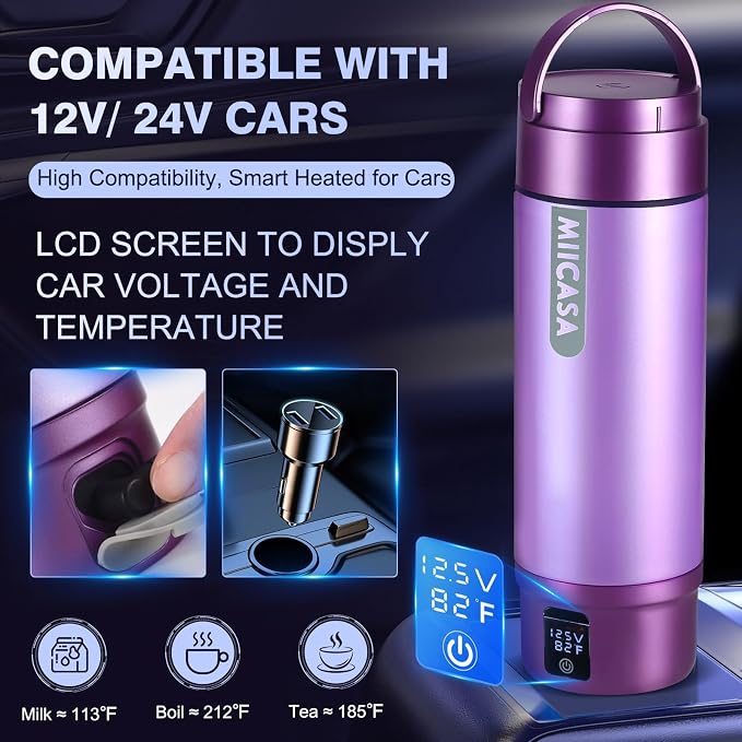 Vacuum Insulated Car Electric Kettle, Miicasa Stainless Steel Tumbler Car Water Heater,12V/24V Water Boiler with 6 Temperature and Auto Shut-Off Boil Dry,16oz
